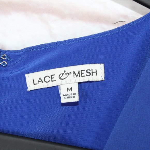 Lace & Mesh Blue Polyester Lined V-Neck Cap Sleeve Ruffled Long Dress Size M - Picture 4 of 10